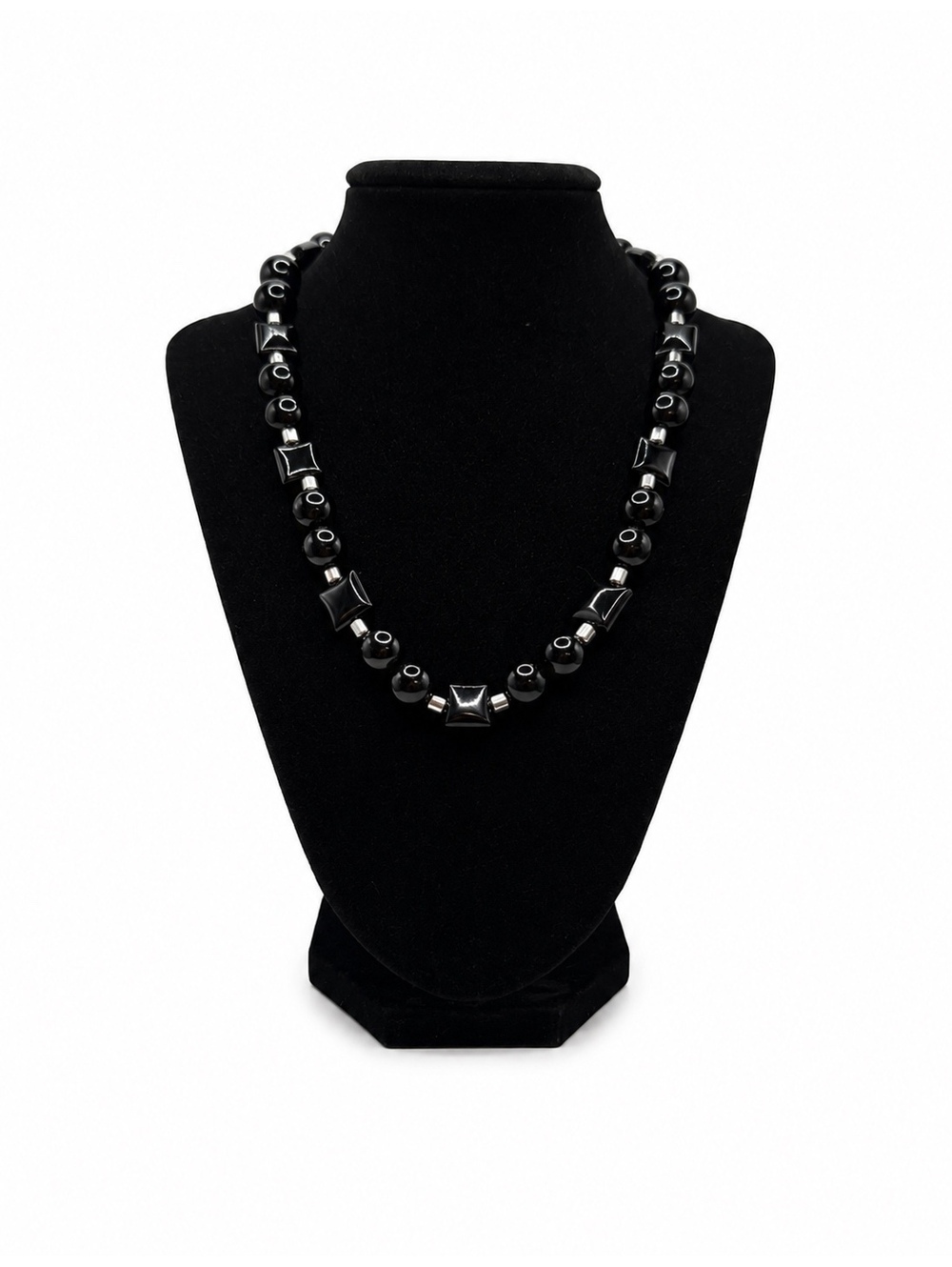 Jewelry By GG Black Onyx with Silver Pewter Accents 9.5" Beaded Necklace